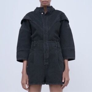 Zara Black Denim Snap-Front Utility Chic Romper/Playsuit Women’s Size Small